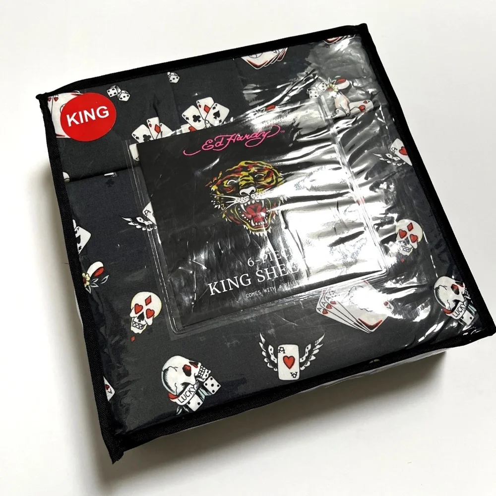 NWT Ed Hardy 6pc KING Sheet Set Skull Poker Cards Dice Americana Tattoo Bedding